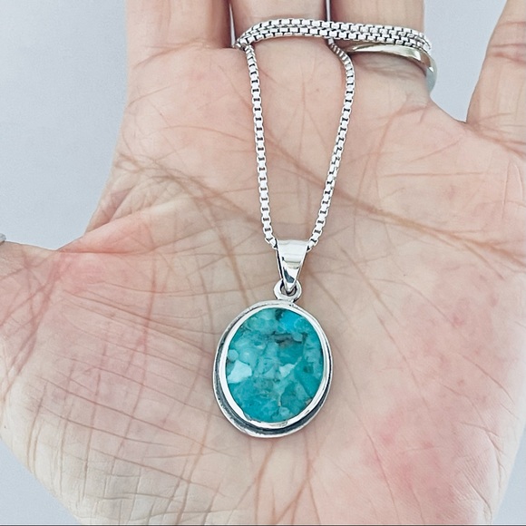Sterling Silver Large Round Genuine Turquoise Necklace, Boho Necklace - Picture 7 of 13